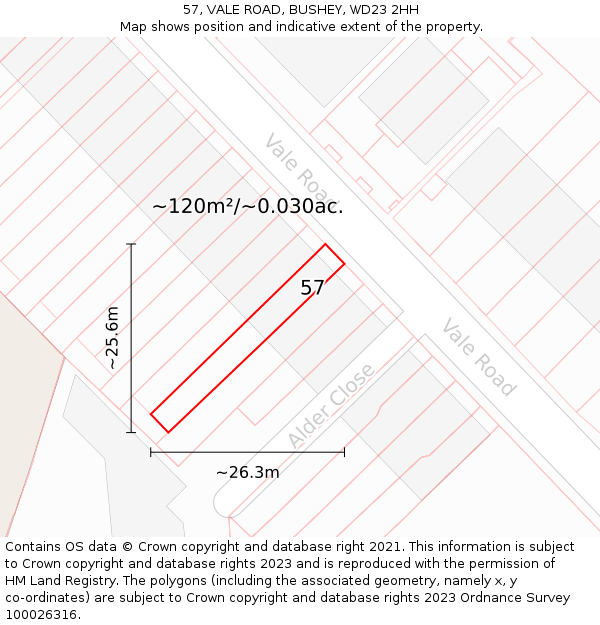 57, VALE ROAD, BUSHEY, WD23 2HH: Plot and title map