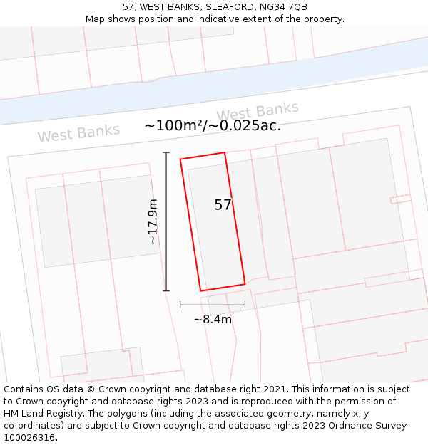 57, WEST BANKS, SLEAFORD, NG34 7QB: Plot and title map