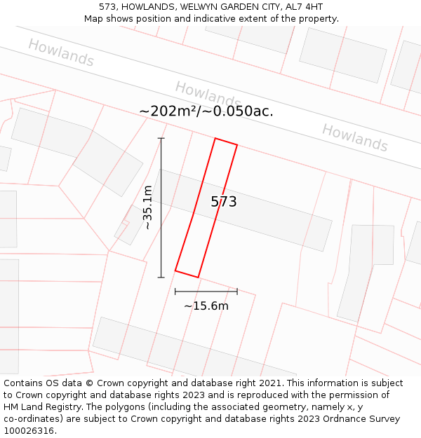 573, HOWLANDS, WELWYN GARDEN CITY, AL7 4HT: Plot and title map