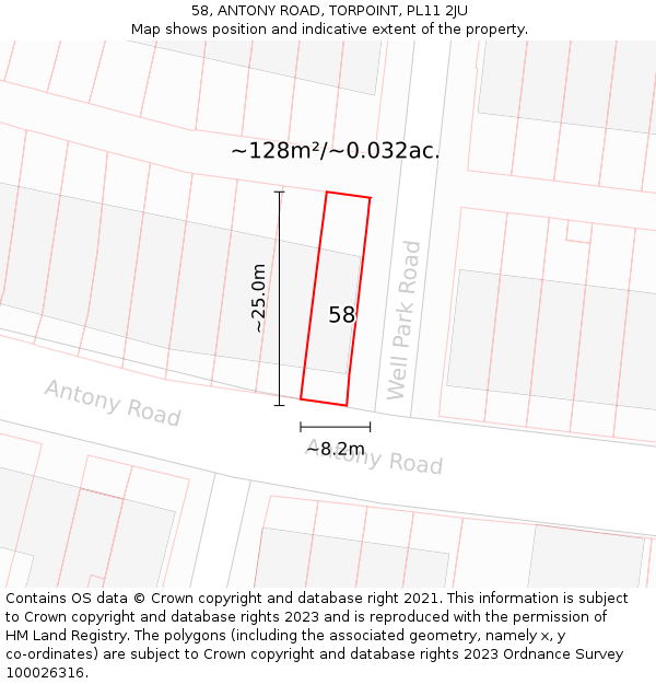 58, ANTONY ROAD, TORPOINT, PL11 2JU: Plot and title map