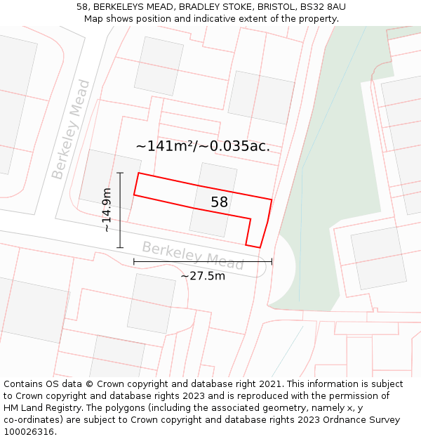 58, BERKELEYS MEAD, BRADLEY STOKE, BRISTOL, BS32 8AU: Plot and title map