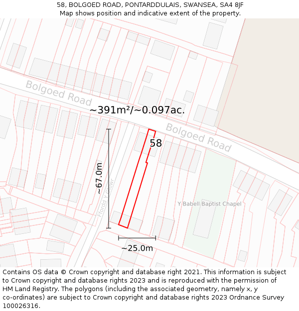 58, BOLGOED ROAD, PONTARDDULAIS, SWANSEA, SA4 8JF: Plot and title map