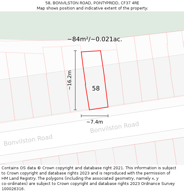 58, BONVILSTON ROAD, PONTYPRIDD, CF37 4RE: Plot and title map