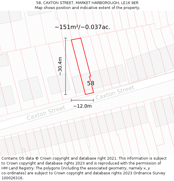 58, CAXTON STREET, MARKET HARBOROUGH, LE16 9ER: Plot and title map