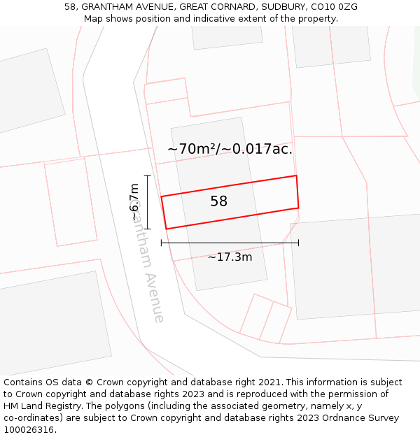 58, GRANTHAM AVENUE, GREAT CORNARD, SUDBURY, CO10 0ZG: Plot and title map