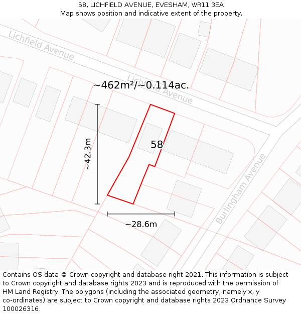 58, LICHFIELD AVENUE, EVESHAM, WR11 3EA: Plot and title map