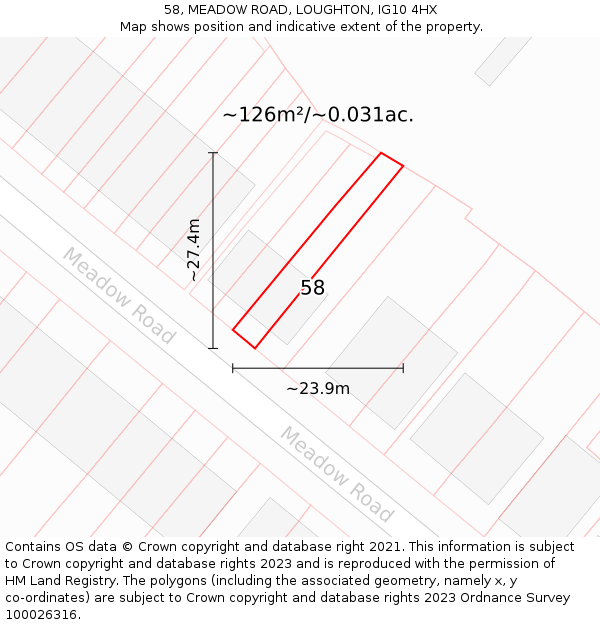 58, MEADOW ROAD, LOUGHTON, IG10 4HX: Plot and title map