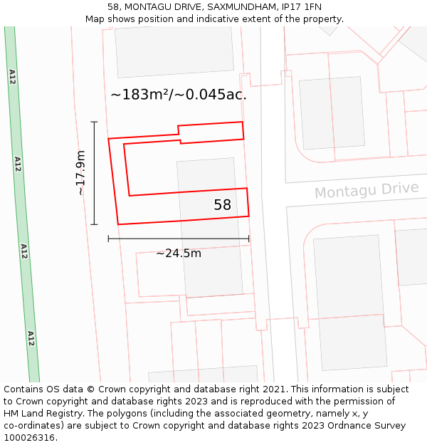 58, MONTAGU DRIVE, SAXMUNDHAM, IP17 1FN: Plot and title map