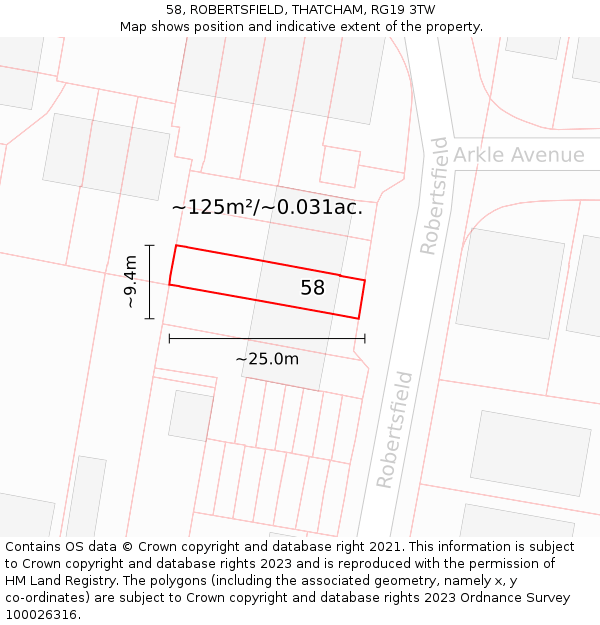 58, ROBERTSFIELD, THATCHAM, RG19 3TW: Plot and title map
