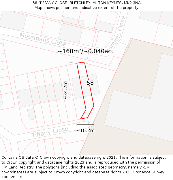 58, TIFFANY CLOSE, BLETCHLEY, MILTON KEYNES, MK2 3NA: Plot and title map