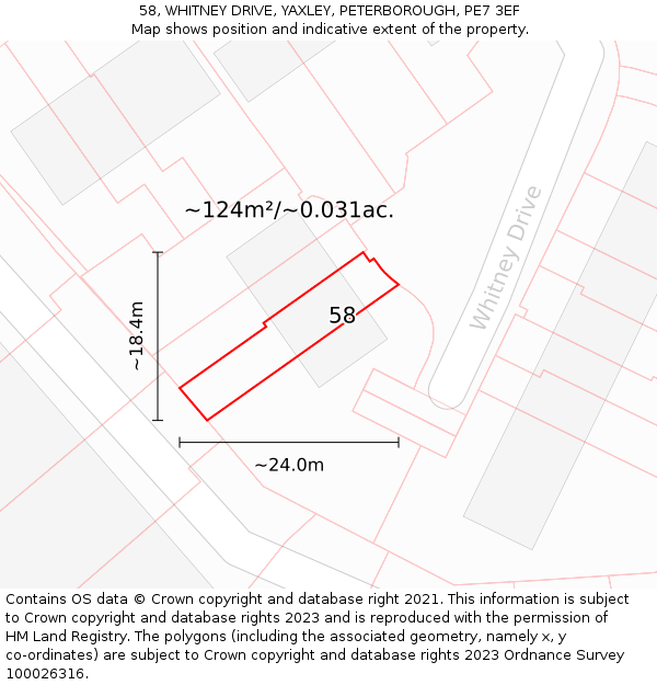 58, WHITNEY DRIVE, YAXLEY, PETERBOROUGH, PE7 3EF: Plot and title map