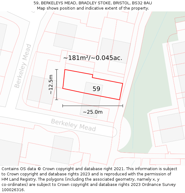 59, BERKELEYS MEAD, BRADLEY STOKE, BRISTOL, BS32 8AU: Plot and title map