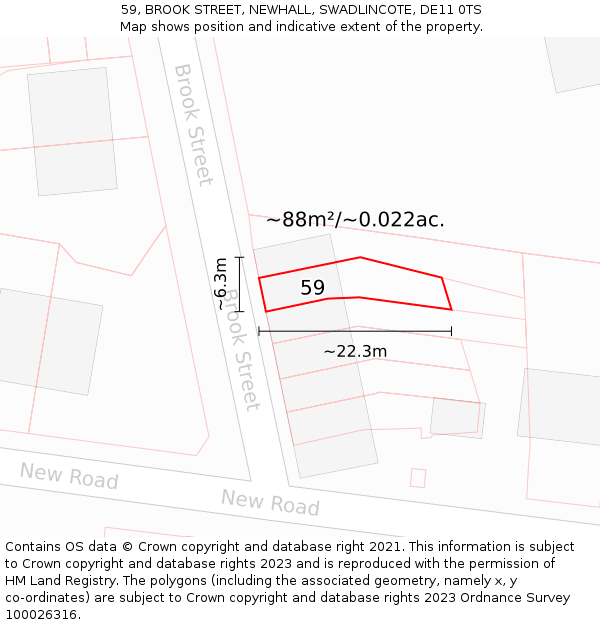 59, BROOK STREET, NEWHALL, SWADLINCOTE, DE11 0TS: Plot and title map