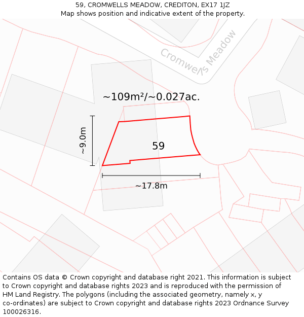 59, CROMWELLS MEADOW, CREDITON, EX17 1JZ: Plot and title map