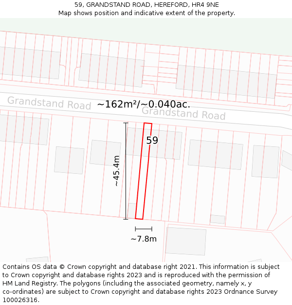 59, GRANDSTAND ROAD, HEREFORD, HR4 9NE: Plot and title map