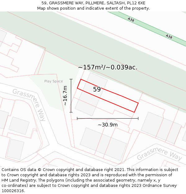 59, GRASSMERE WAY, PILLMERE, SALTASH, PL12 6XE: Plot and title map