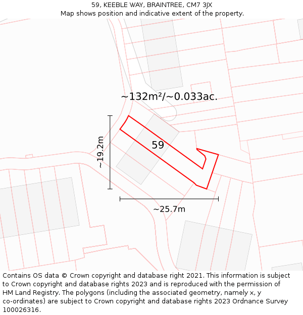 59, KEEBLE WAY, BRAINTREE, CM7 3JX: Plot and title map