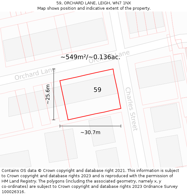 59, ORCHARD LANE, LEIGH, WN7 1NX: Plot and title map