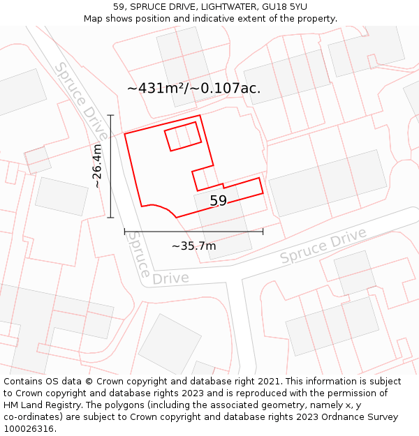 59, SPRUCE DRIVE, LIGHTWATER, GU18 5YU: Plot and title map
