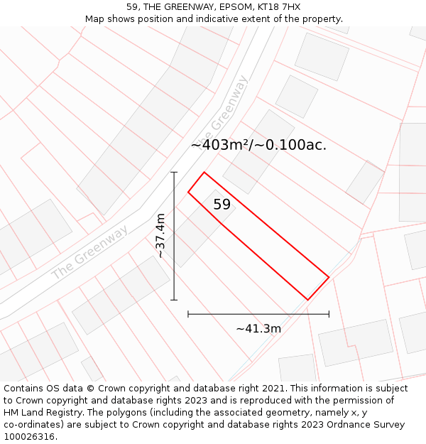 59, THE GREENWAY, EPSOM, KT18 7HX: Plot and title map