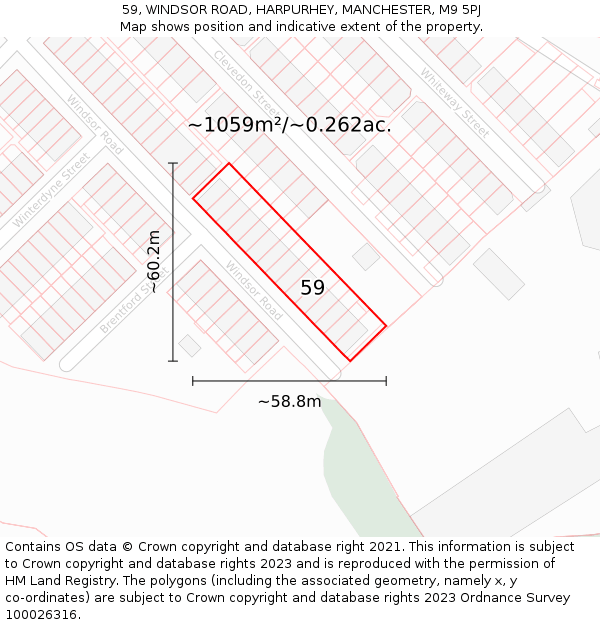 59, WINDSOR ROAD, HARPURHEY, MANCHESTER, M9 5PJ: Plot and title map
