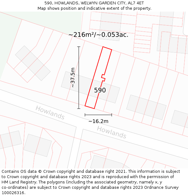 590, HOWLANDS, WELWYN GARDEN CITY, AL7 4ET: Plot and title map