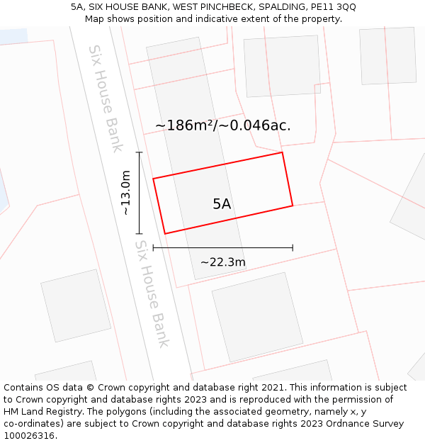 5A, SIX HOUSE BANK, WEST PINCHBECK, SPALDING, PE11 3QQ: Plot and title map