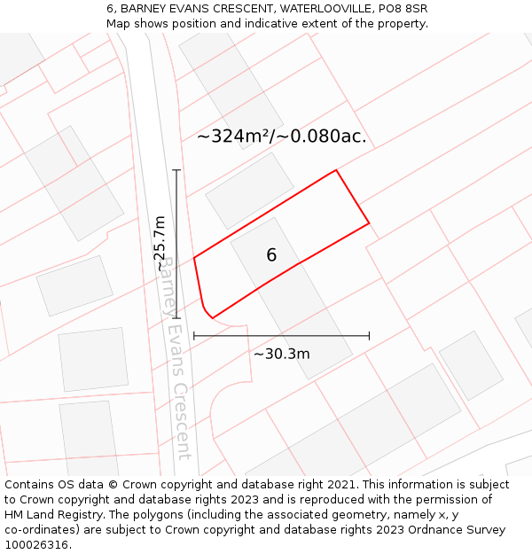 6, BARNEY EVANS CRESCENT, WATERLOOVILLE, PO8 8SR: Plot and title map