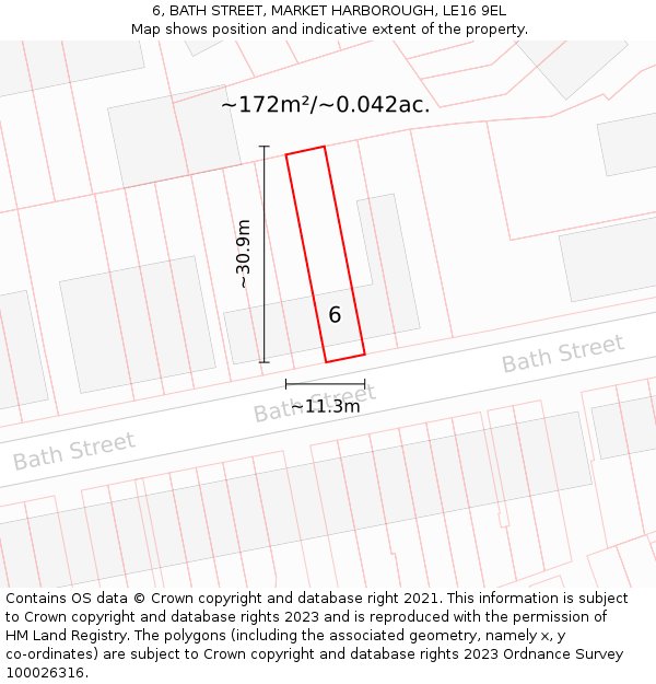 6, BATH STREET, MARKET HARBOROUGH, LE16 9EL: Plot and title map