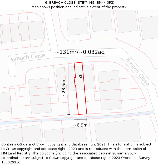 6, BREACH CLOSE, STEYNING, BN44 3RZ: Plot and title map