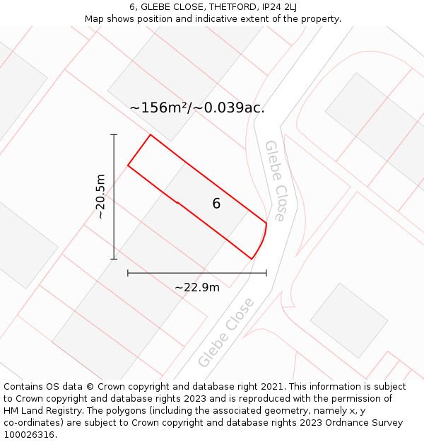 6, GLEBE CLOSE, THETFORD, IP24 2LJ: Plot and title map