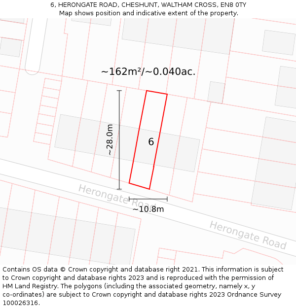 6, HERONGATE ROAD, CHESHUNT, WALTHAM CROSS, EN8 0TY: Plot and title map