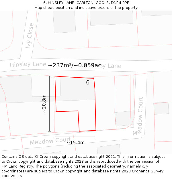 6, HINSLEY LANE, CARLTON, GOOLE, DN14 9PE: Plot and title map