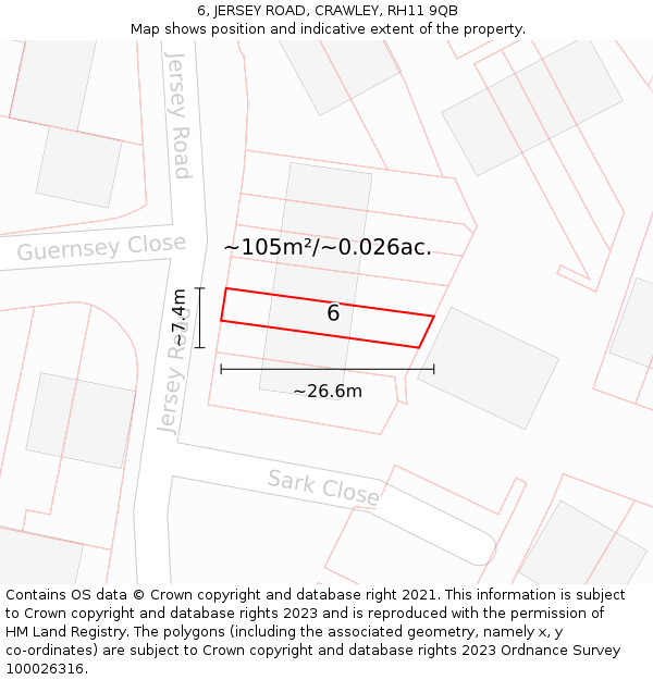 6, JERSEY ROAD, CRAWLEY, RH11 9QB: Plot and title map