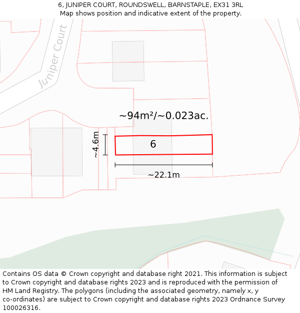6, JUNIPER COURT, ROUNDSWELL, BARNSTAPLE, EX31 3RL: Plot and title map