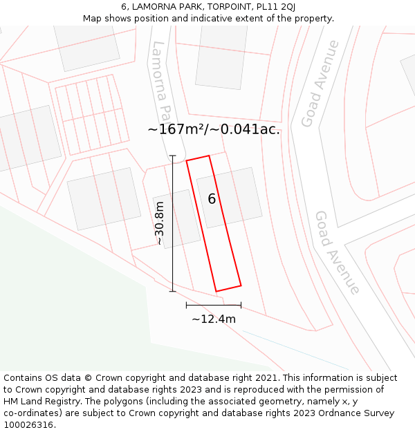 6, LAMORNA PARK, TORPOINT, PL11 2QJ: Plot and title map