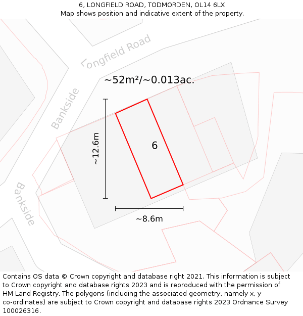 6, LONGFIELD ROAD, TODMORDEN, OL14 6LX: Plot and title map