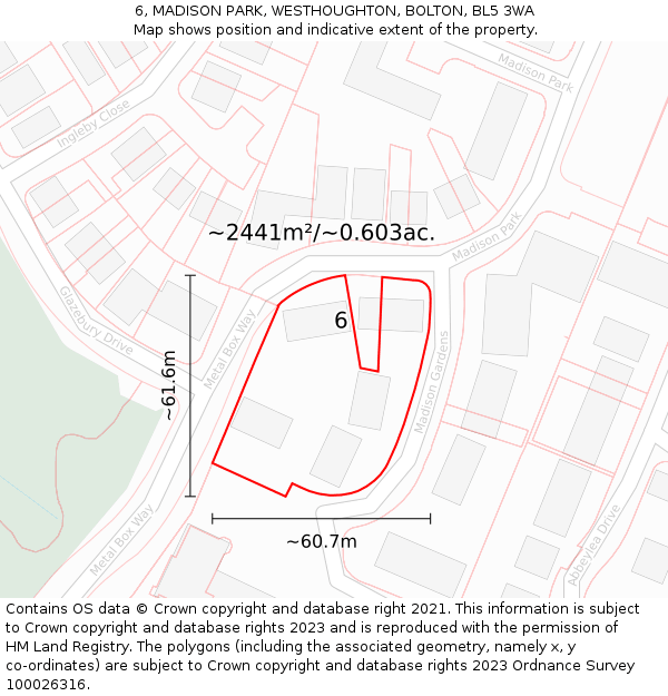 6, MADISON PARK, WESTHOUGHTON, BOLTON, BL5 3WA: Plot and title map