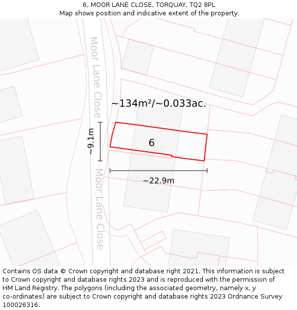 6, MOOR LANE CLOSE, TORQUAY, TQ2 8PL: Plot and title map