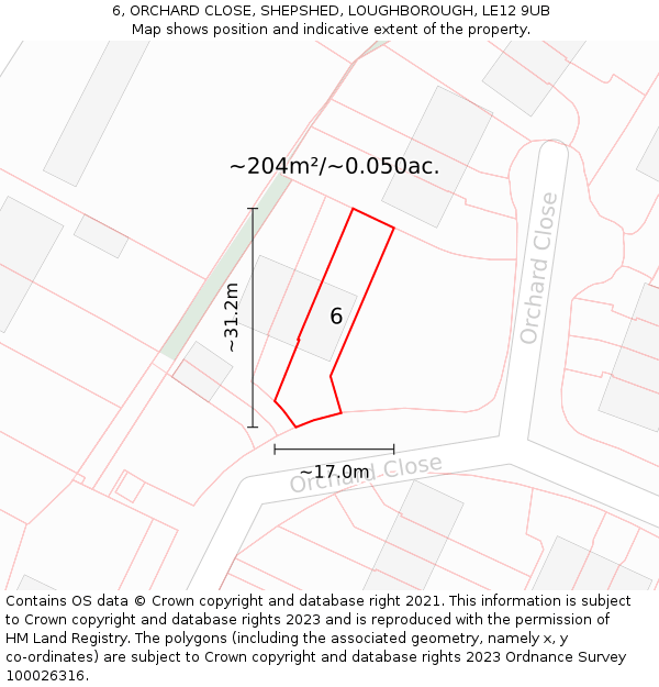 6, ORCHARD CLOSE, SHEPSHED, LOUGHBOROUGH, LE12 9UB: Plot and title map