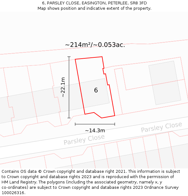 6, PARSLEY CLOSE, EASINGTON, PETERLEE, SR8 3FD: Plot and title map