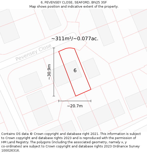 6, PEVENSEY CLOSE, SEAFORD, BN25 3SF: Plot and title map