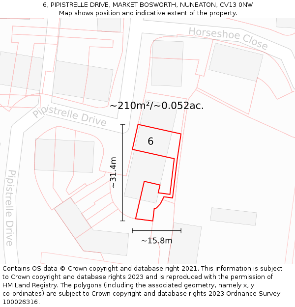 6, PIPISTRELLE DRIVE, MARKET BOSWORTH, NUNEATON, CV13 0NW: Plot and title map