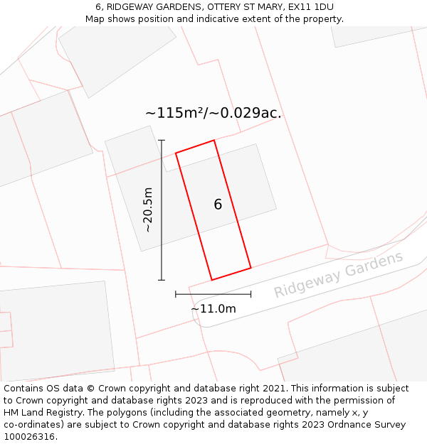 6, RIDGEWAY GARDENS, OTTERY ST MARY, EX11 1DU: Plot and title map