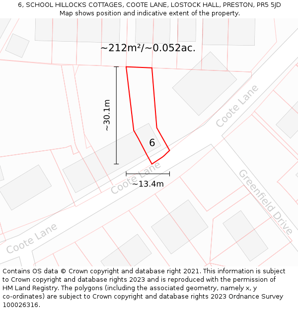 6, SCHOOL HILLOCKS COTTAGES, COOTE LANE, LOSTOCK HALL, PRESTON, PR5 5JD: Plot and title map