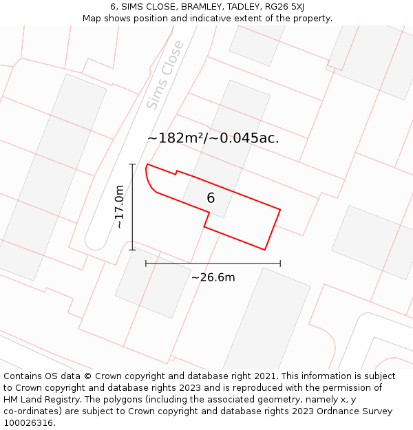 6, SIMS CLOSE, BRAMLEY, TADLEY, RG26 5XJ: Plot and title map