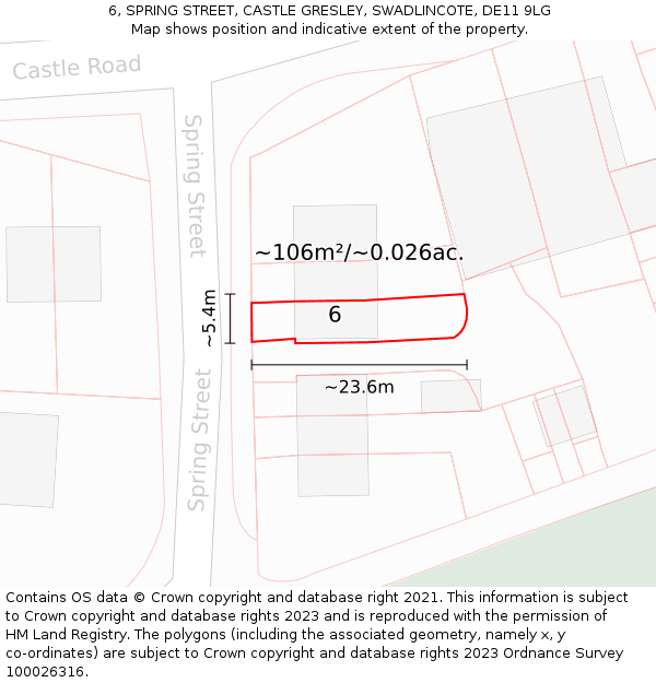 6, SPRING STREET, CASTLE GRESLEY, SWADLINCOTE, DE11 9LG: Plot and title map