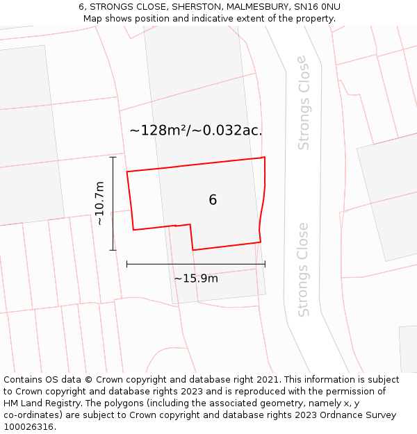 6, STRONGS CLOSE, SHERSTON, MALMESBURY, SN16 0NU: Plot and title map