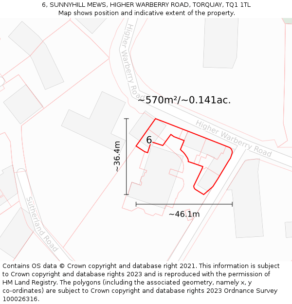 6, SUNNYHILL MEWS, HIGHER WARBERRY ROAD, TORQUAY, TQ1 1TL: Plot and title map