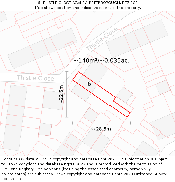 6, THISTLE CLOSE, YAXLEY, PETERBOROUGH, PE7 3GF: Plot and title map